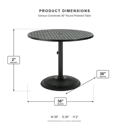 Gensun Coordinate 36" Round Pedestal Table dimensions: 36 in W x 36 in D x 2 in H