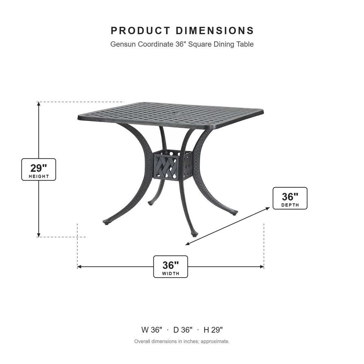 Gensun Coordinate 36" Square Dining Table dimensions: 36 in W x 36 in D x 29 in H
