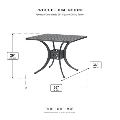 Gensun Coordinate 36" Square Dining Table dimensions: 36 in W x 36 in D x 29 in H