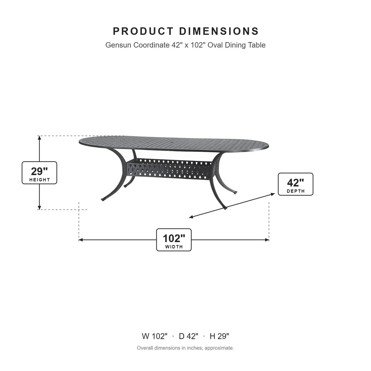 Gensun Coordinate 42" x 102" Oval Dining Table dimensions: 102 in W x 42 in D x 29 in H