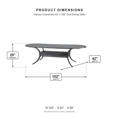 Gensun Coordinate 42" x 102" Oval Dining Table dimensions: 102 in W x 42 in D x 29 in H