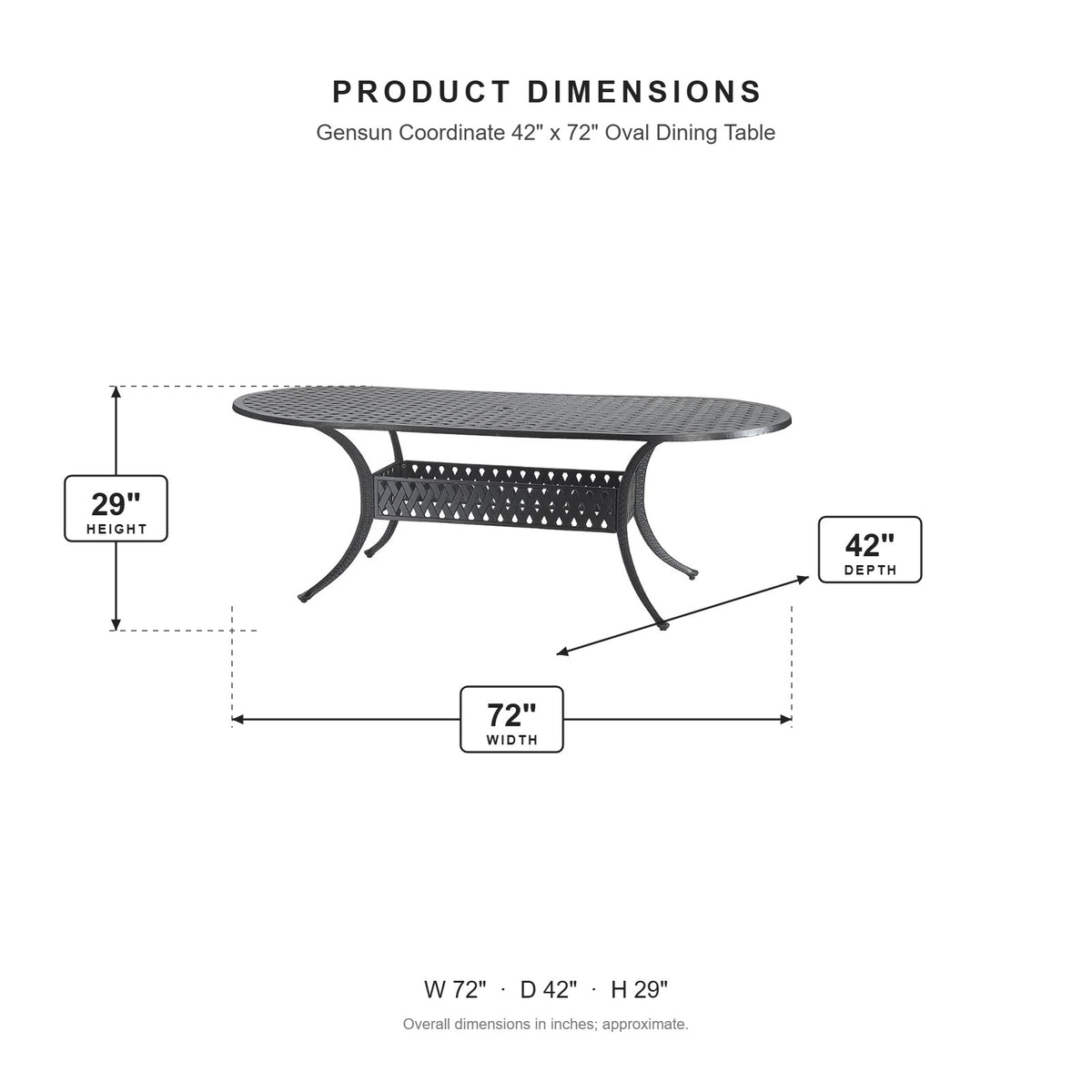 Gensun Coordinate 42" x 72" Oval Dining Table dimensions: 72 in W x 42 in D x 29 in H