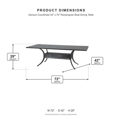 Gensun Coordinate 42" x 72" Rectangular Boat Dining Table dimensions: 72 in W x 42 in D x 29 in H