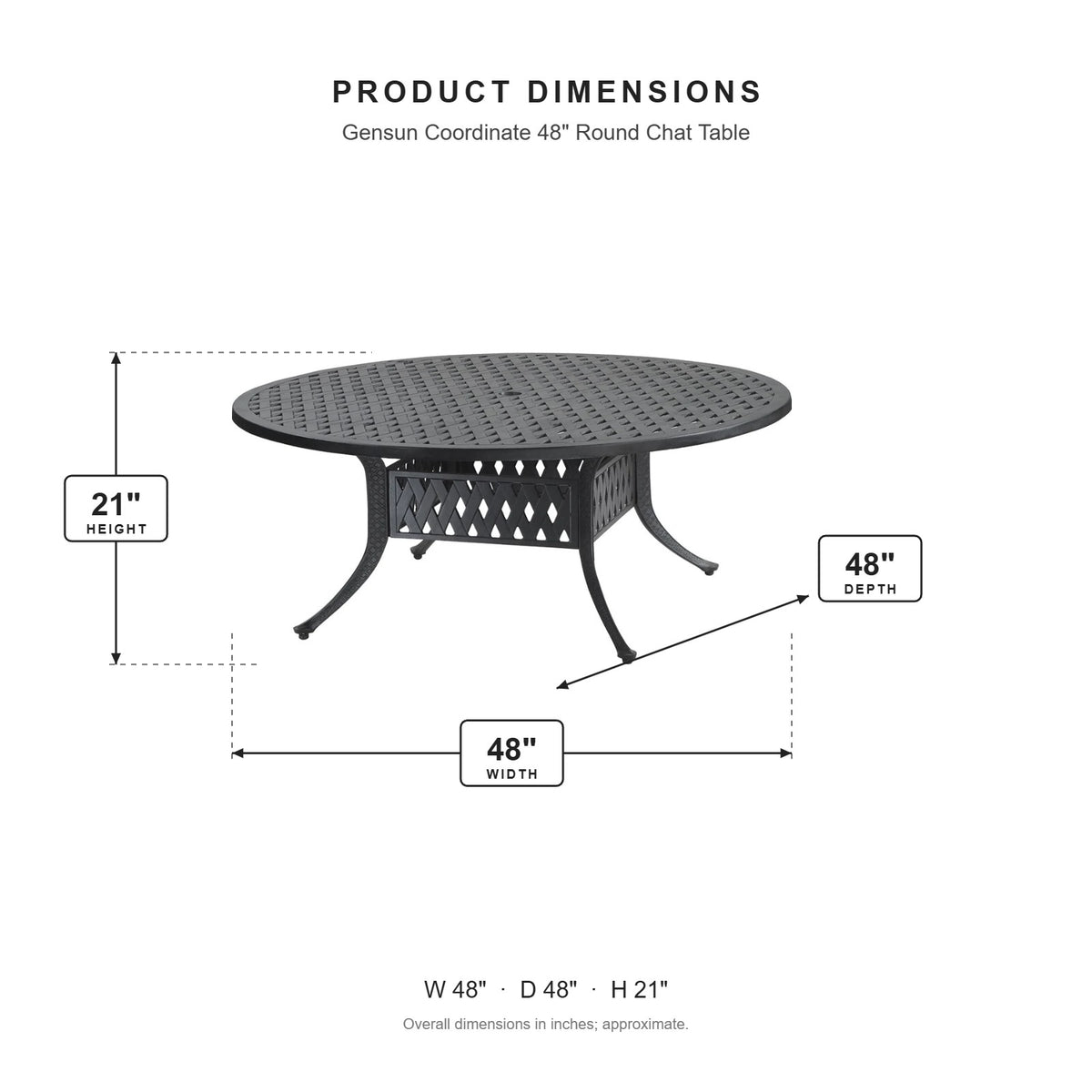 Gensun Coordinate 48" Round Chat Table dimensions: 48 in W x 48 in D x 21 in H