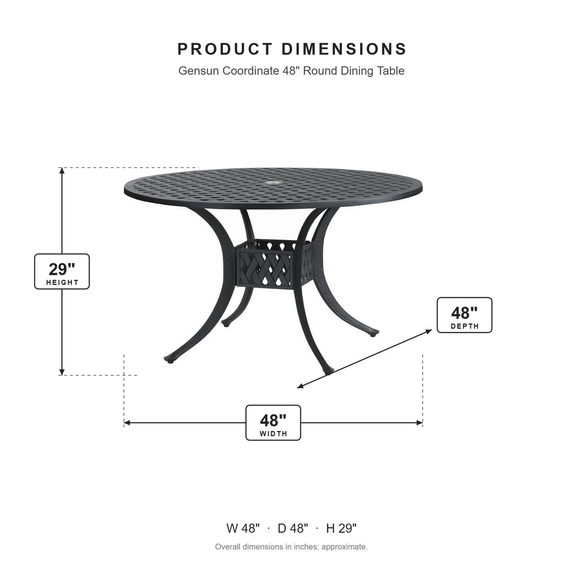 Gensun Coordinate 48" Round Dining Table dimensions: 48 in W x 48 in D x 29 in H