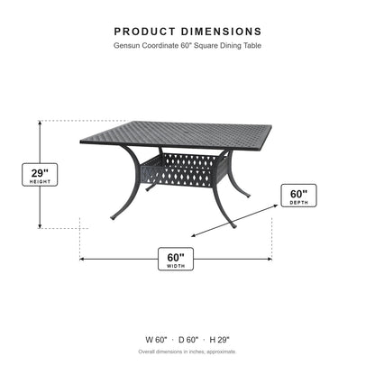Gensun Coordinate 60" Square Dining Table dimensions: 60 in W x 60 in D x 29 in H