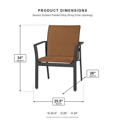 Gensun Echelon Padded Sling Dining Chair (stacking) dimensions: 25.5 in W x 26 in D x 34 in H