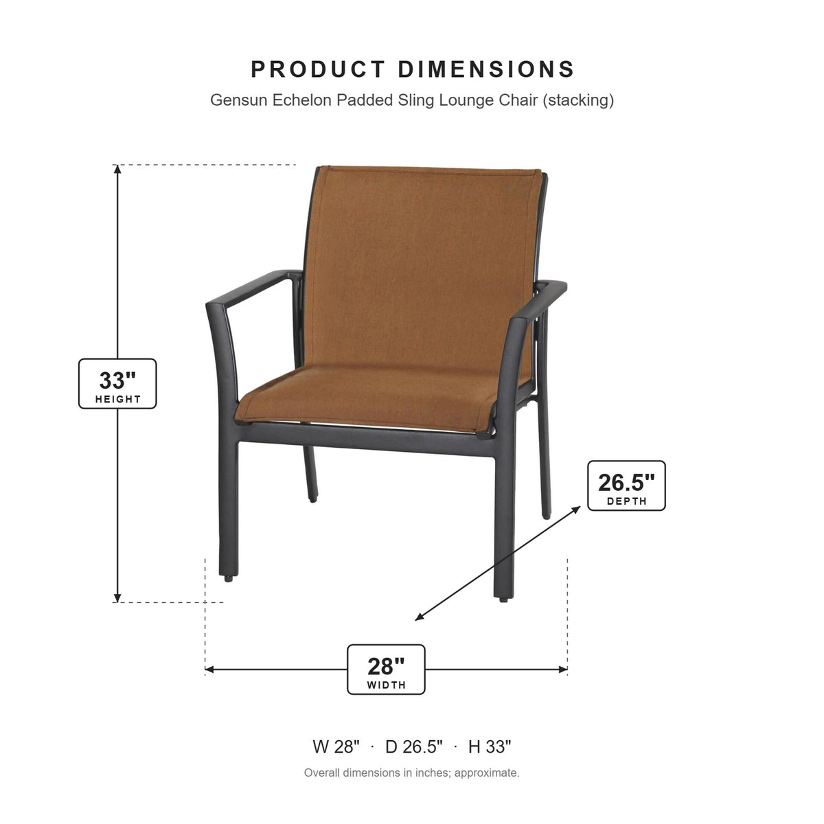 Gensun Echelon Padded Sling Lounge Chair (stacking) dimensions: 28 in W x 26.5 in D x 33 in H