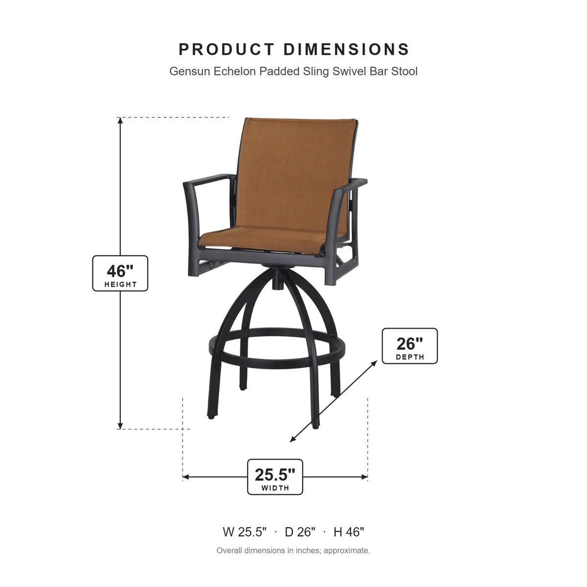 Gensun Echelon Padded Sling Swivel Bar Stool dimensions: 25.5 in W x 26 in D x 46 in H