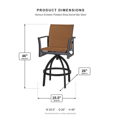 Gensun Echelon Padded Sling Swivel Bar Stool dimensions: 25.5 in W x 26 in D x 46 in H