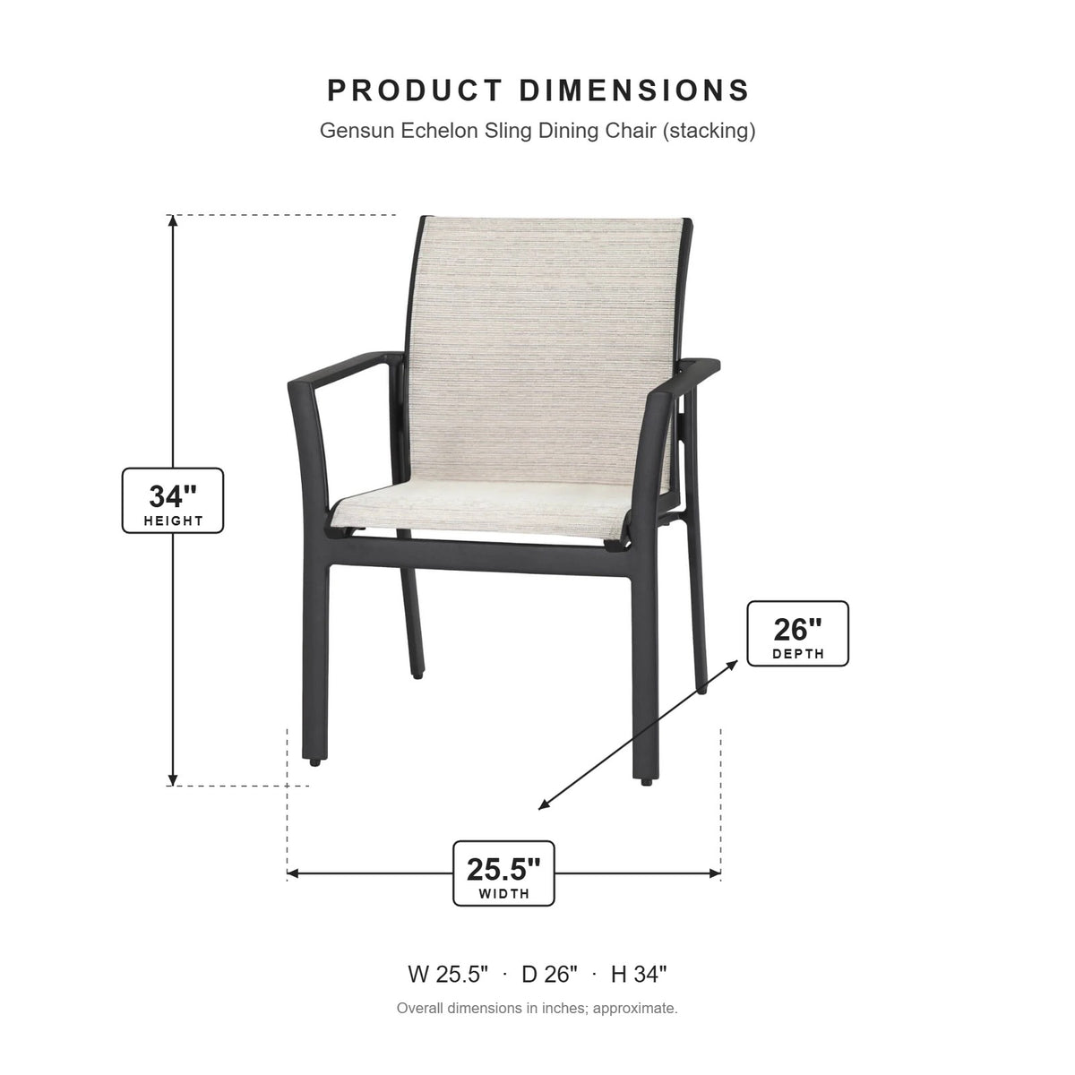Gensun Echelon Sling Dining Chair (stacking) dimensions: 25.5 in W x 26 in D x 34 in H