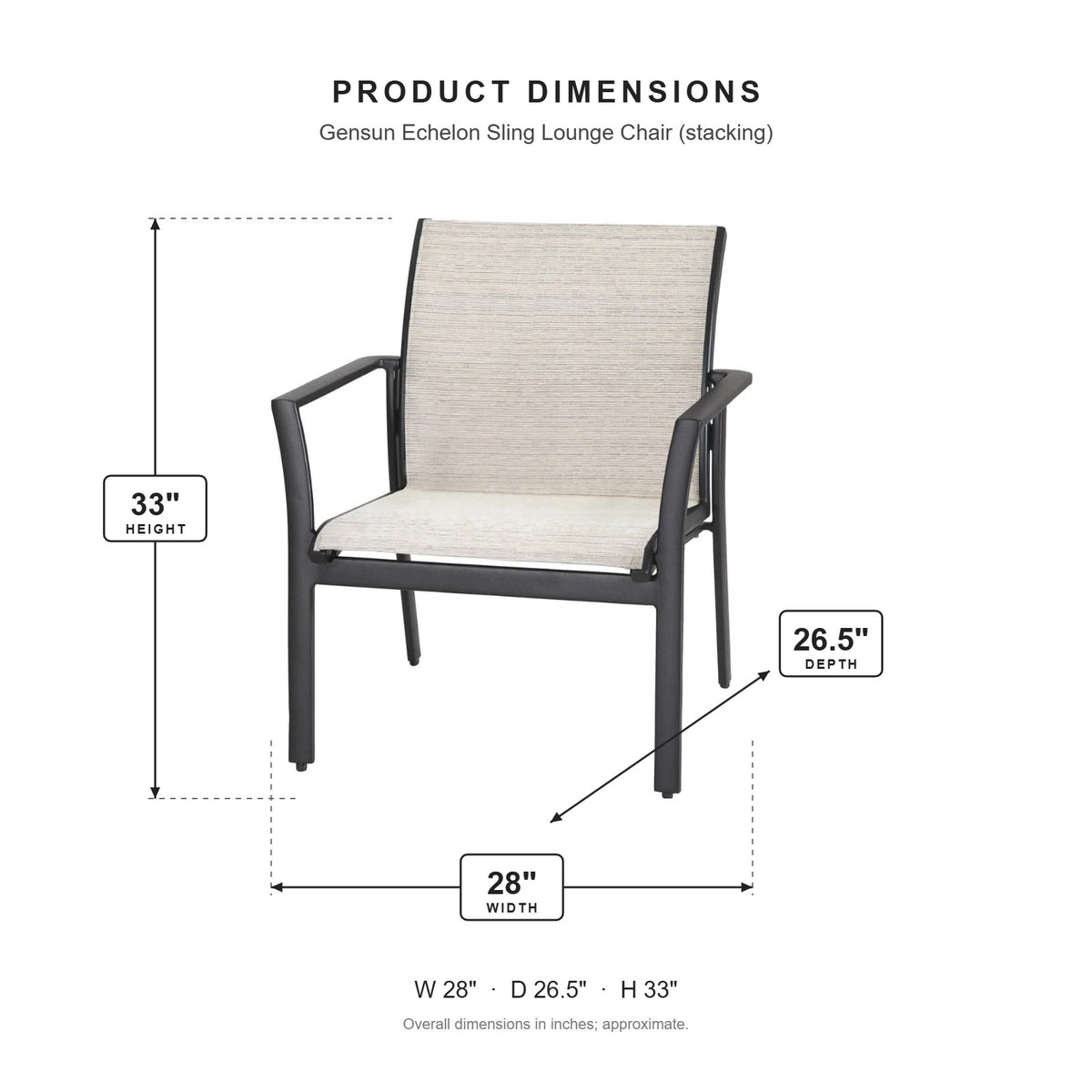 Gensun Echelon Sling Lounge Chair (stacking) dimensions: 28 in W x 26.5 in D x 33 in H