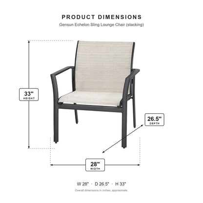 Gensun Echelon Sling Lounge Chair (stacking) dimensions: 28 in W x 26.5 in D x 33 in H