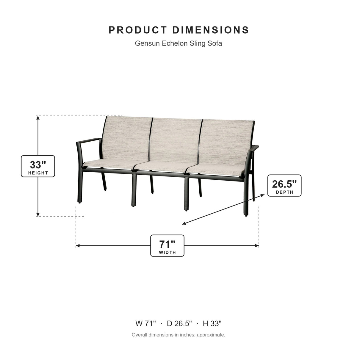 Gensun Echelon Sling Sofa dimensions: 71 in W x 26.5 in D x 33 in H