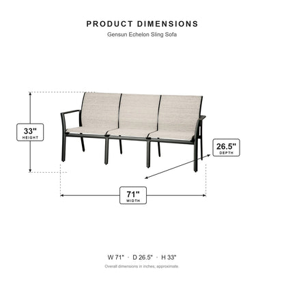 Gensun Echelon Sling Sofa dimensions: 71 in W x 26.5 in D x 33 in H