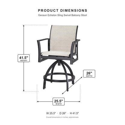 Gensun Echelon Sling Swivel Balcony Stool dimensions: 25.5 in W x 26 in D x 41.5 in H