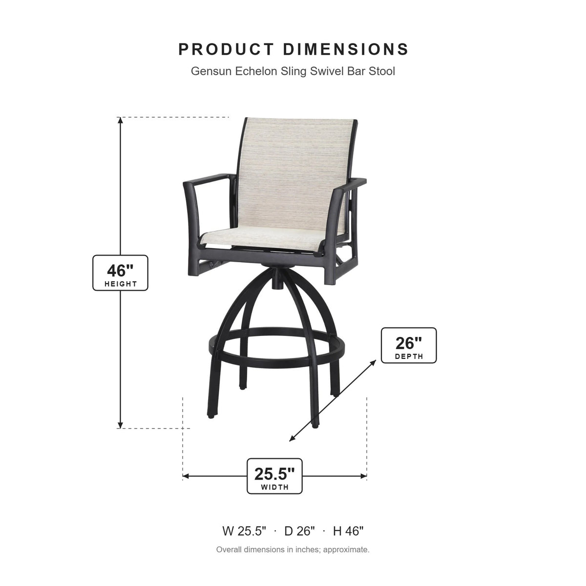 Gensun Echelon Sling Swivel Bar Stool dimensions: 25.5 in W x 26 in D x 46 in H