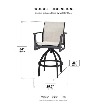 Gensun Echelon Sling Swivel Bar Stool dimensions: 25.5 in W x 26 in D x 46 in H