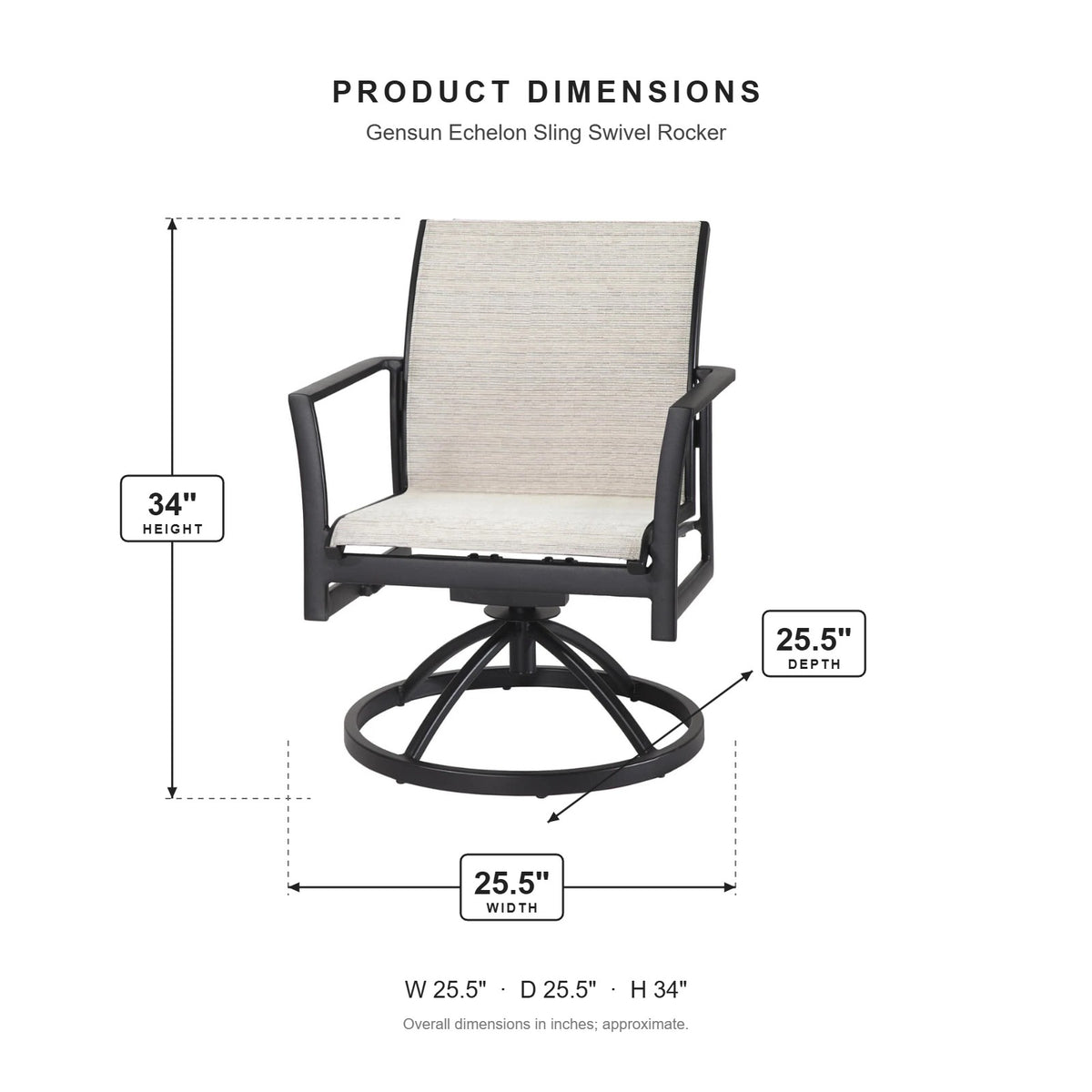 Gensun Echelon Sling Swivel Rocker dimensions: 25.5 in W x 25.5 in D x 34 in H