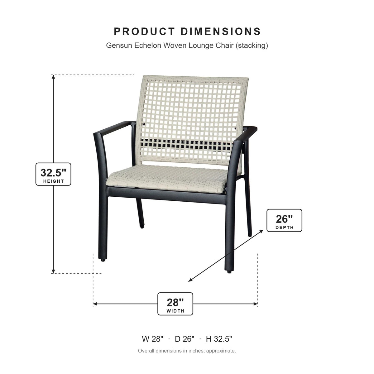 Gensun Echelon Woven Lounge Chair (stacking) dimensions: 28 in W x 26 in D x 32.5 in H