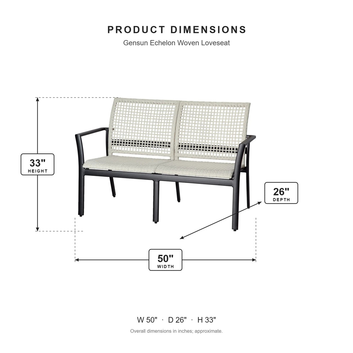 Gensun Echelon Woven Loveseat dimensions: 50 in W x 26 in D x 33 in H