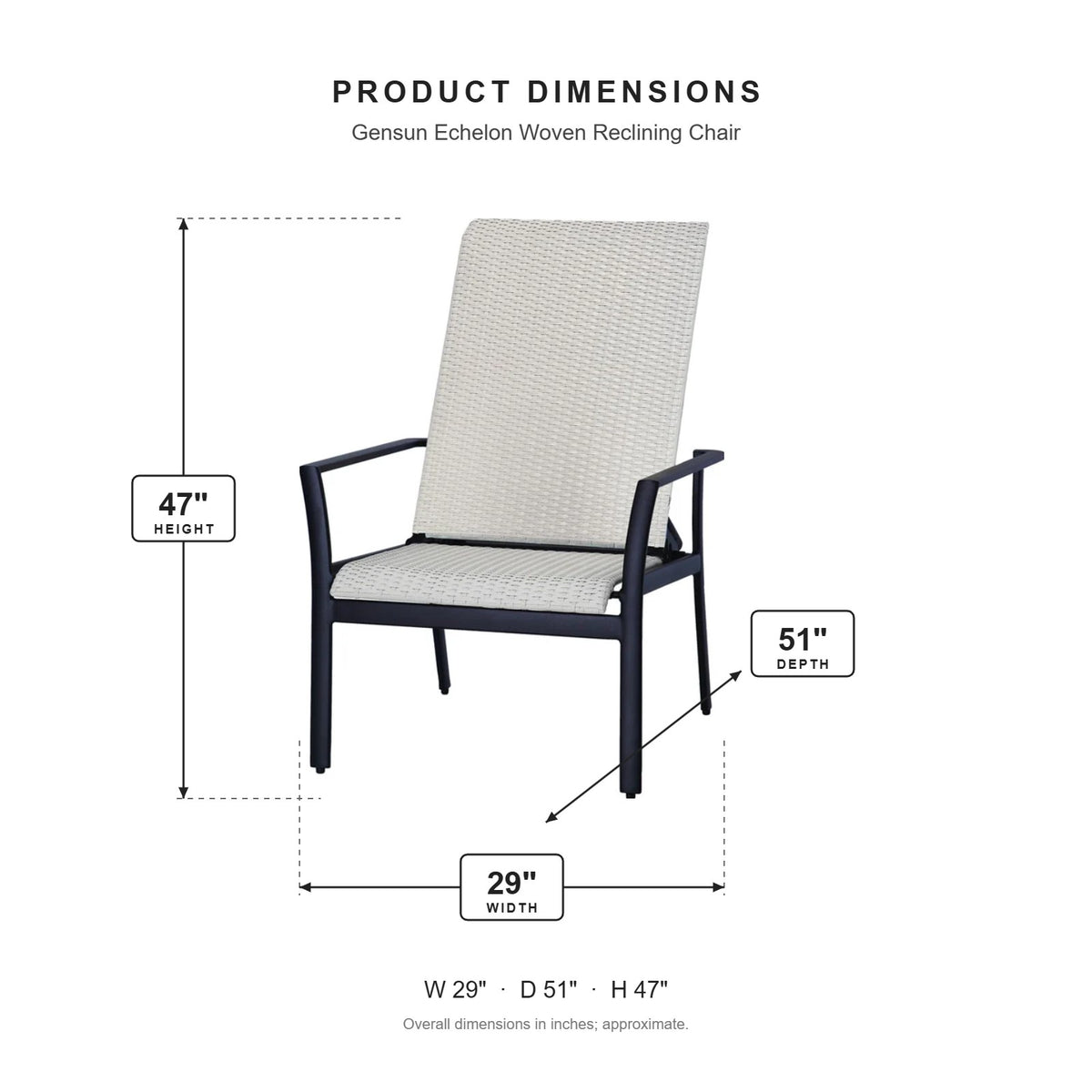 Gensun Echelon Woven Reclining Chair dimensions: 29 in W x 51 in D x 47 in H