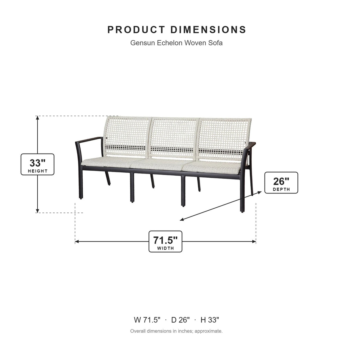 Gensun Echelon Woven Sofa dimensions: 71.5 in W x 26 in D x 33 in H