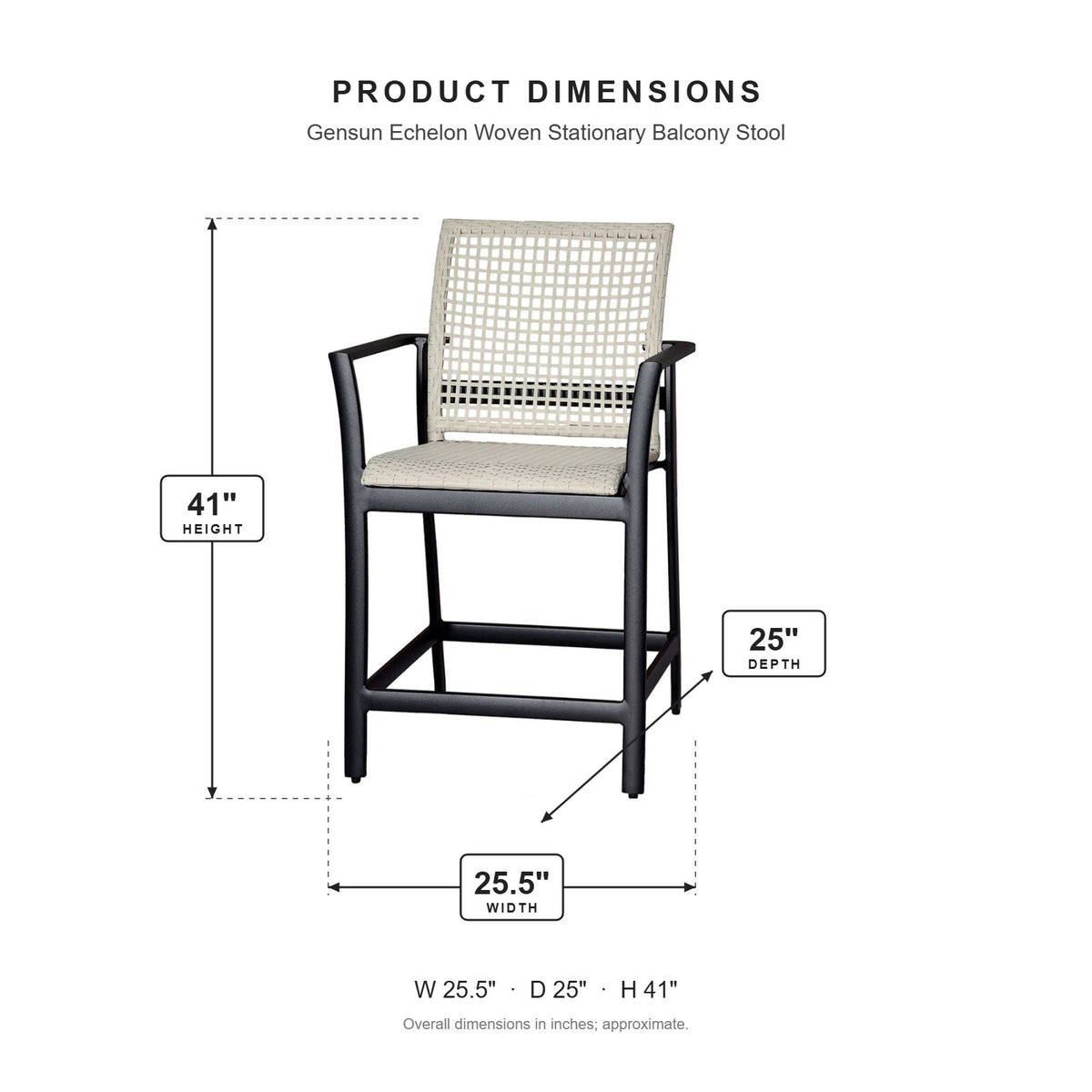 Gensun Echelon Woven Stationary Balcony Stool dimensions: 25.5 in W x 25 in D x 41 in H