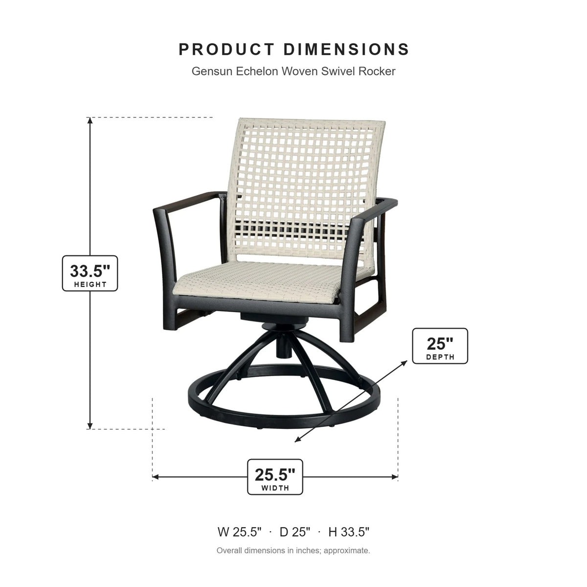 Gensun Echelon Woven Swivel Rocker dimensions: 25.5 in W x 25 in D x 33.5 in H