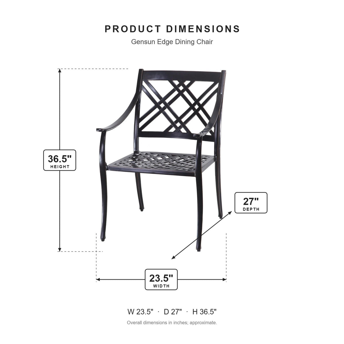 Gensun Edge Dining Chair dimensions: 23.5 in W x 27 in D x 36.5 in H