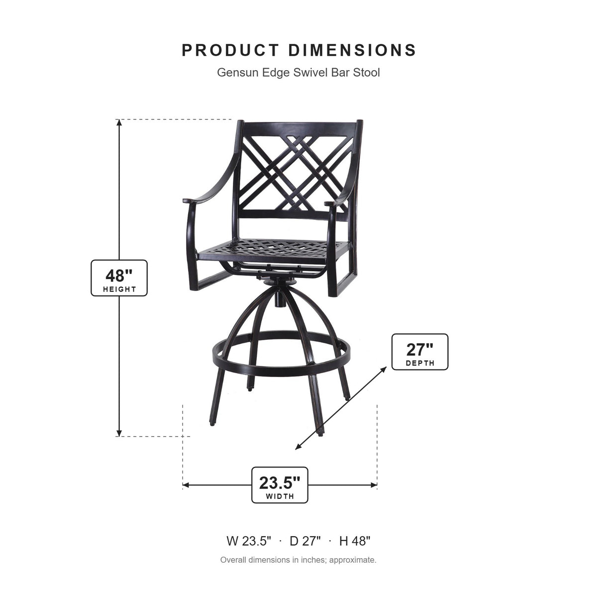 Gensun Edge Swivel Bar Stool dimensions: 23.5 in W x 27 in D x 48 in H