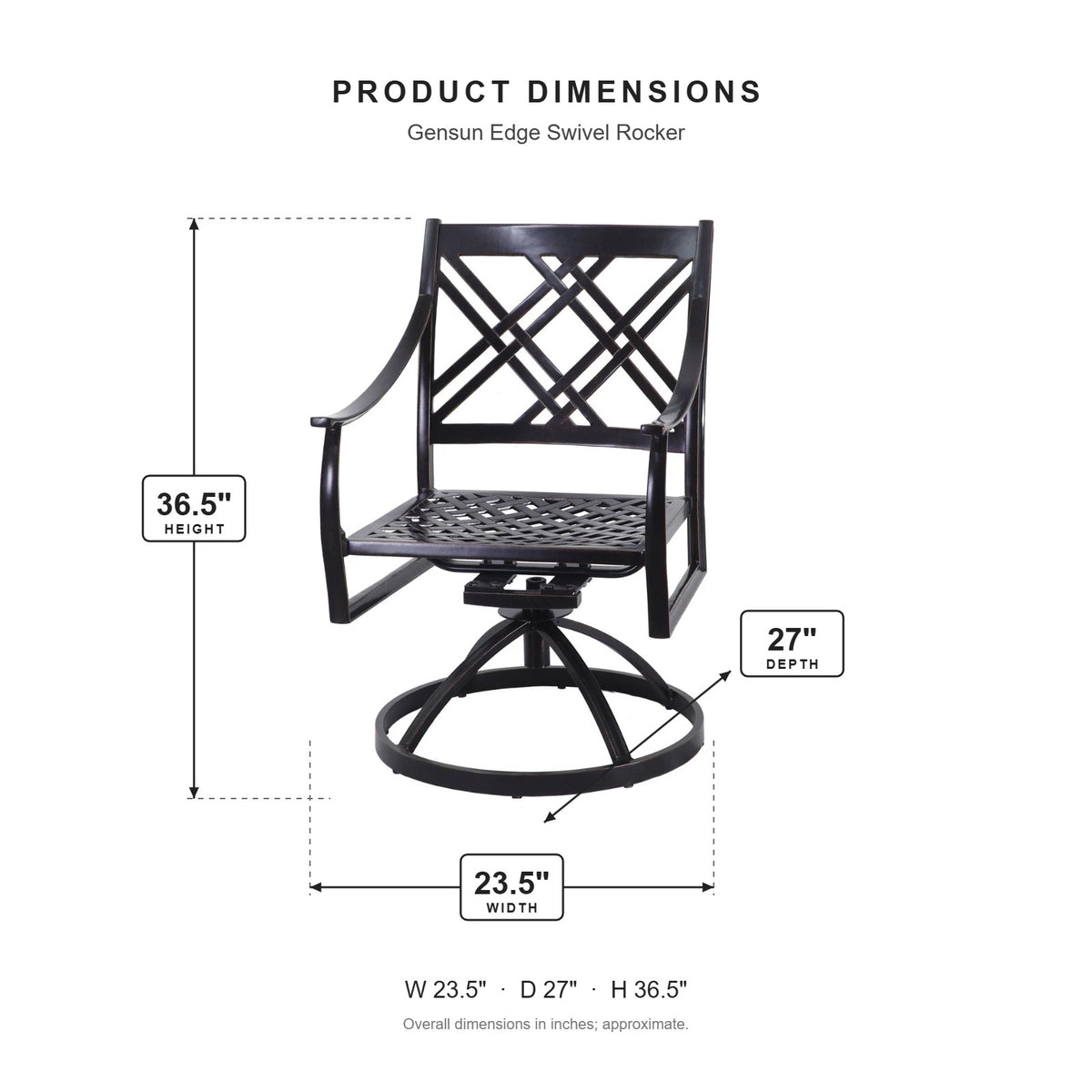 Gensun Edge Swivel Rocker dimensions: 23.5 in W x 27 in D x 36.5 in H
