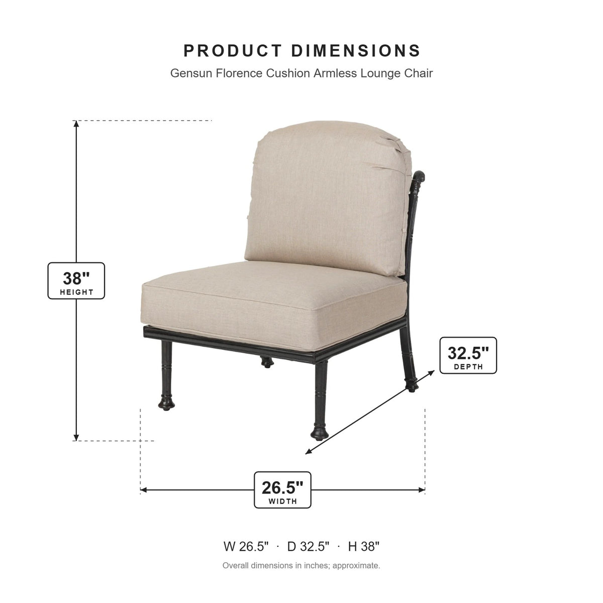 Gensun Florence Cushion Armless Lounge Chair dimensions: 26.5 in W x 32.5 in D x 38 in H