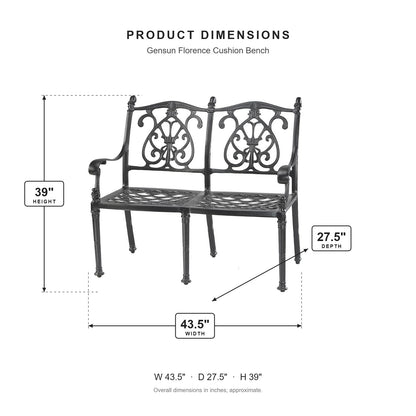 Gensun Florence Cushion Bench dimensions: 43.5 in W x 27.5 in D x 39 in H
