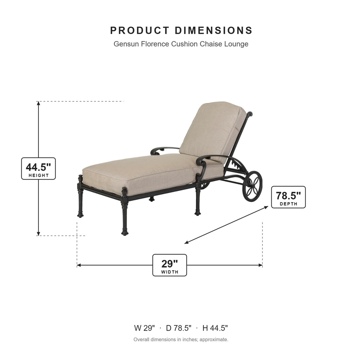 Gensun Florence Cushion Chaise Lounge dimensions: 29 in W x 78.5 in D x 44.5 in H