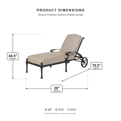 Gensun Florence Cushion Chaise Lounge dimensions: 29 in W x 78.5 in D x 44.5 in H