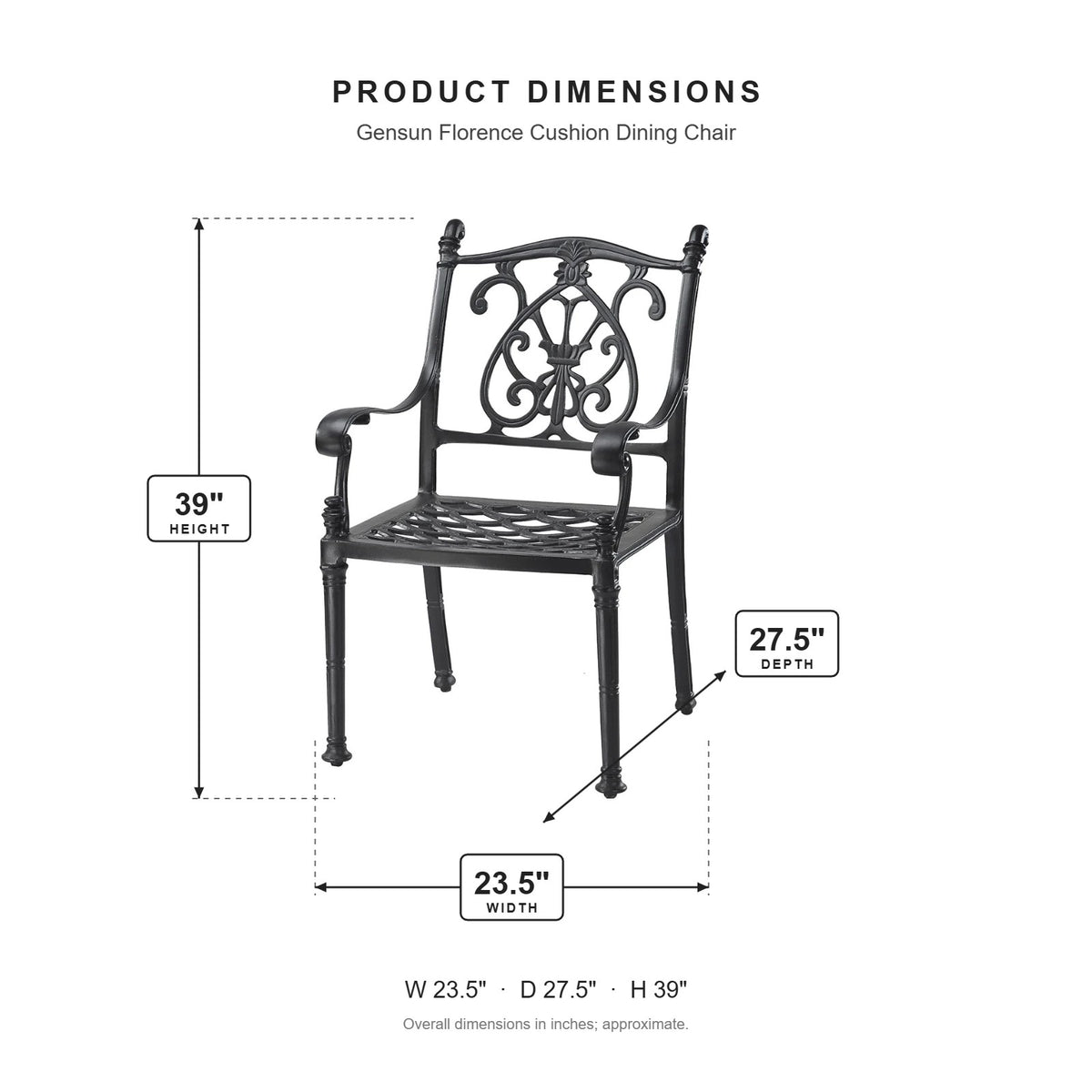 Gensun Florence Cushion Dining Chair dimensions: 23.5 in W x 27.5 in D x 39 in H