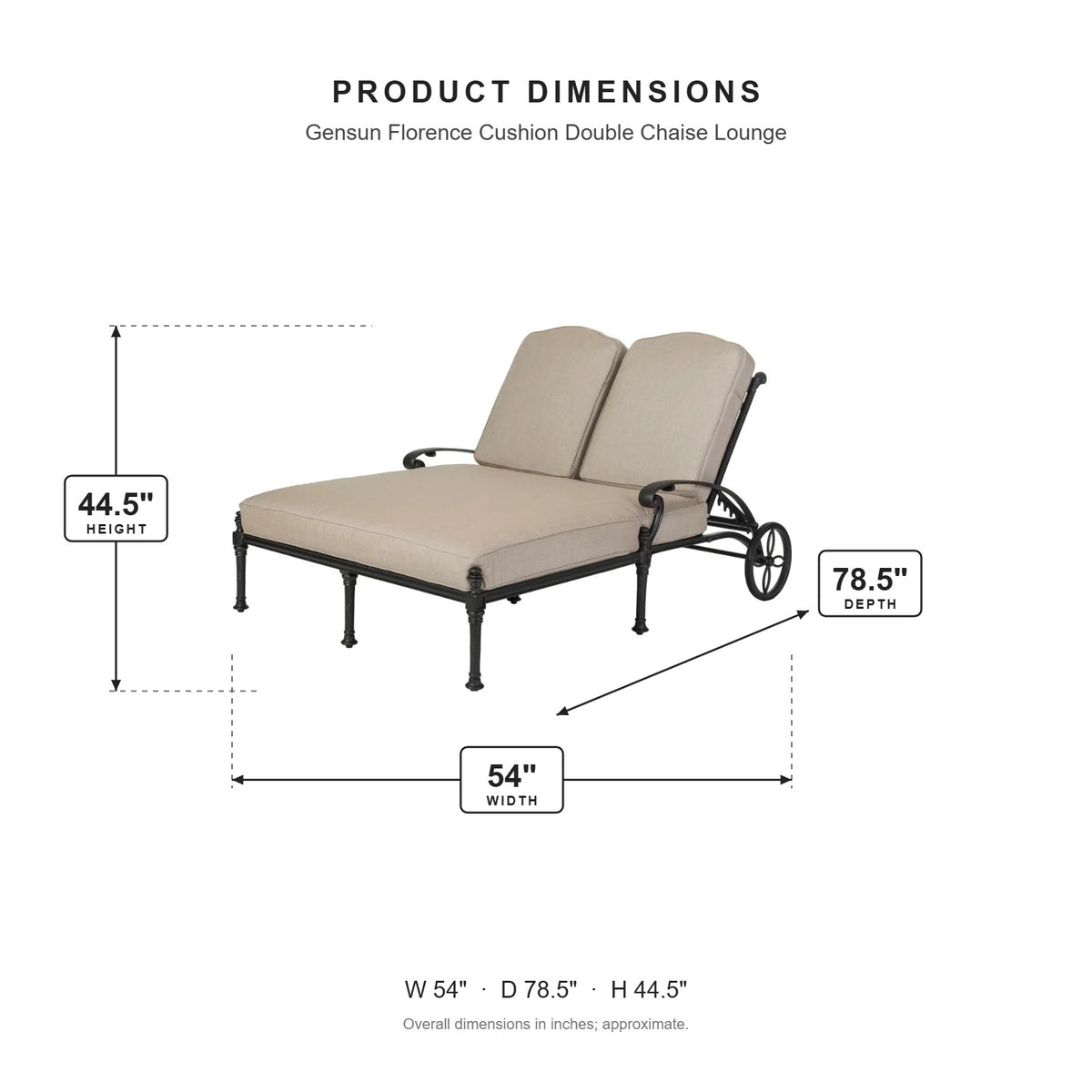Gensun Florence Cushion Double Chaise Lounge dimensions: 54 in W x 78.5 in D x 44.5 in H