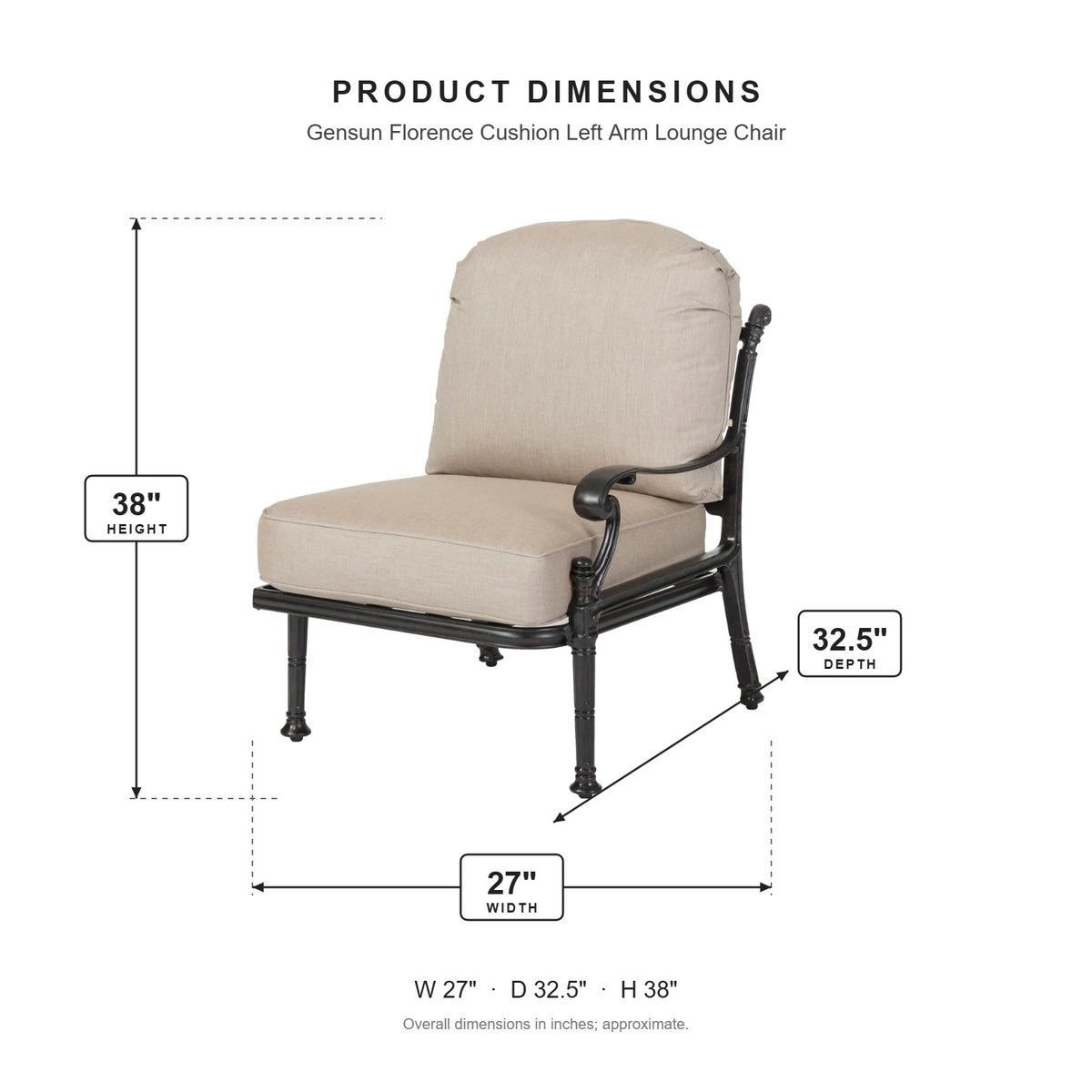 Gensun Florence Cushion Left Arm Lounge Chair dimensions: 27 in W x 32.5 in D x 38 in H