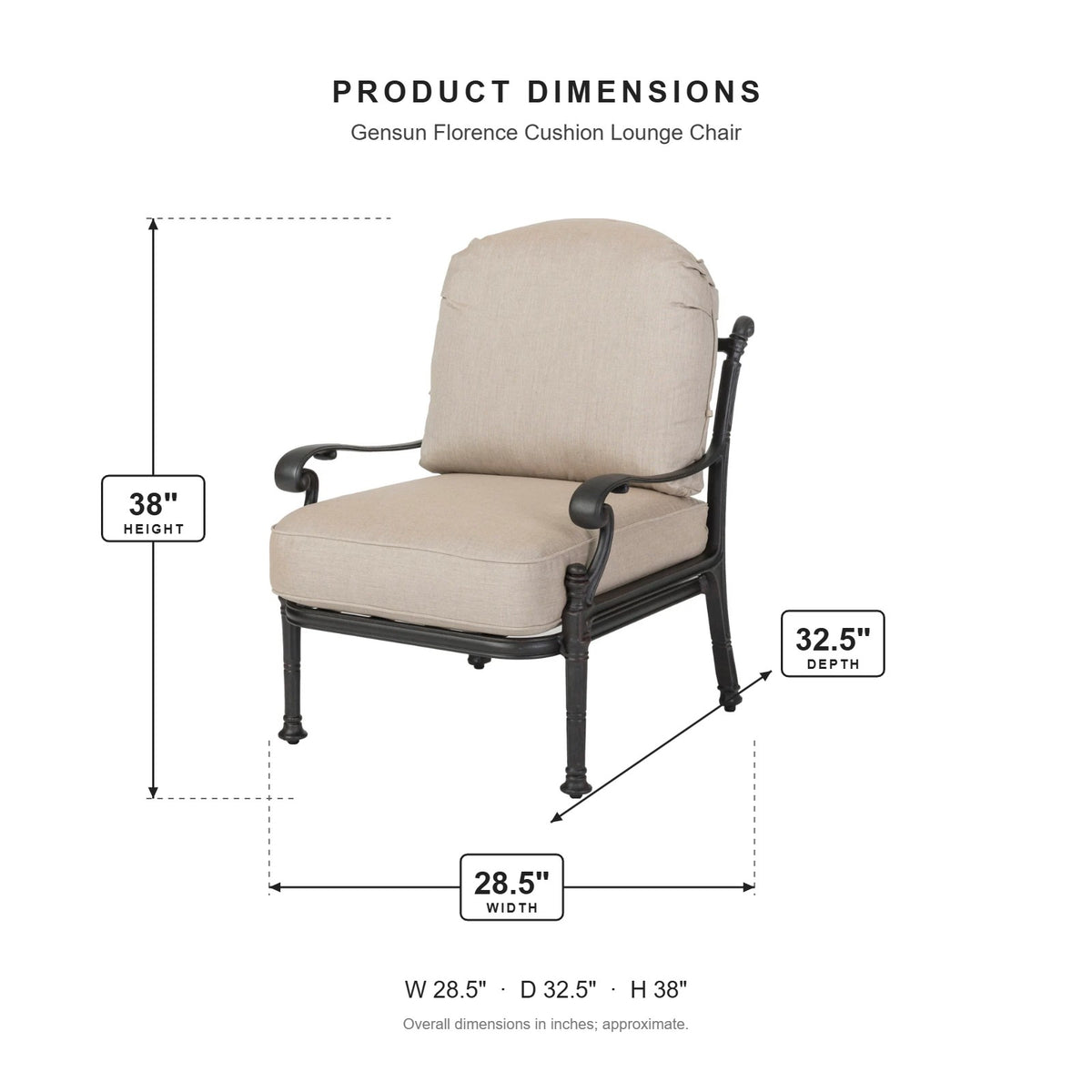 Gensun Florence Cushion Lounge Chair dimensions: 28.5 in W x 32.5 in D x 38 in H