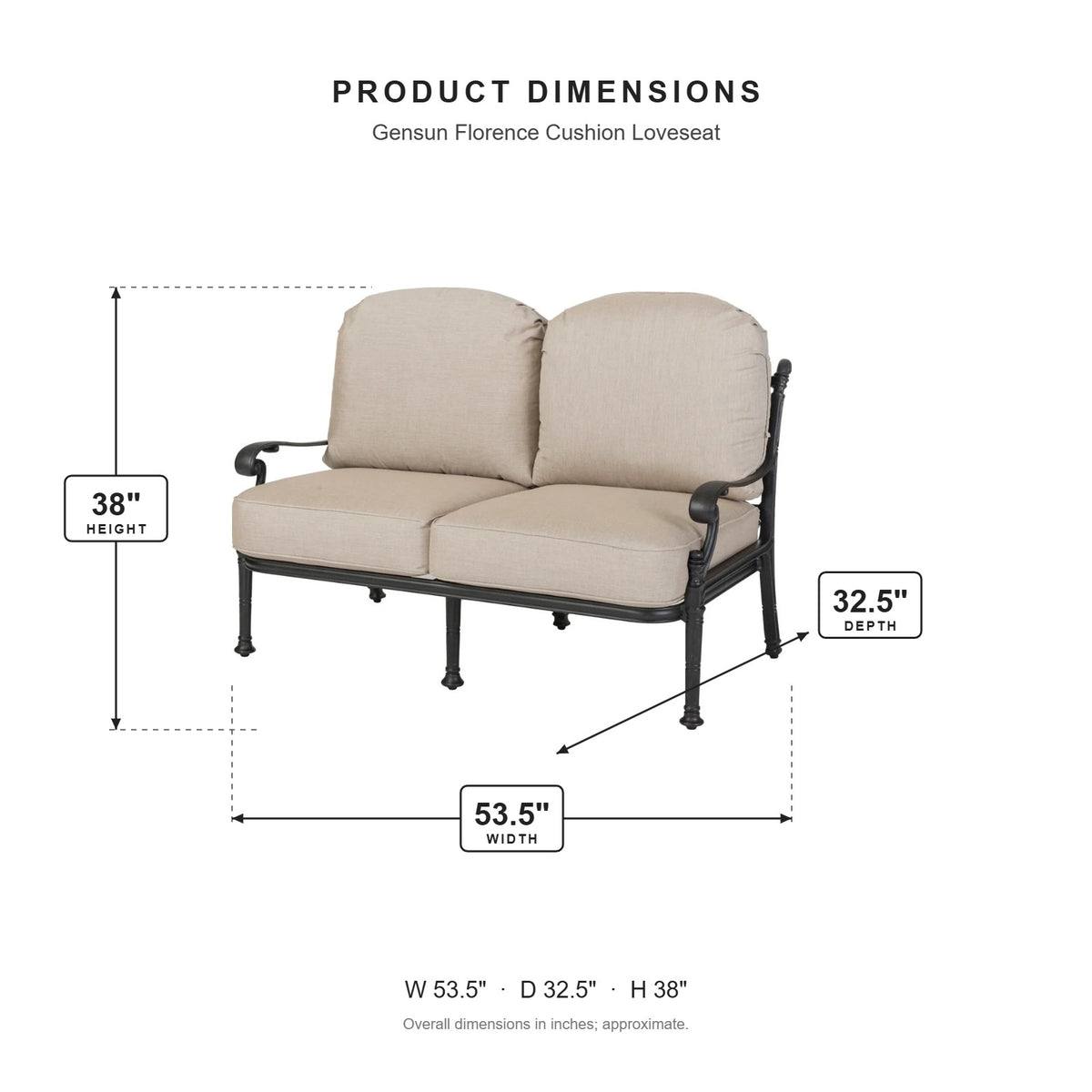 Gensun Florence Cushion Loveseat dimensions: 53.5 in W x 32.5 in D x 38 in H