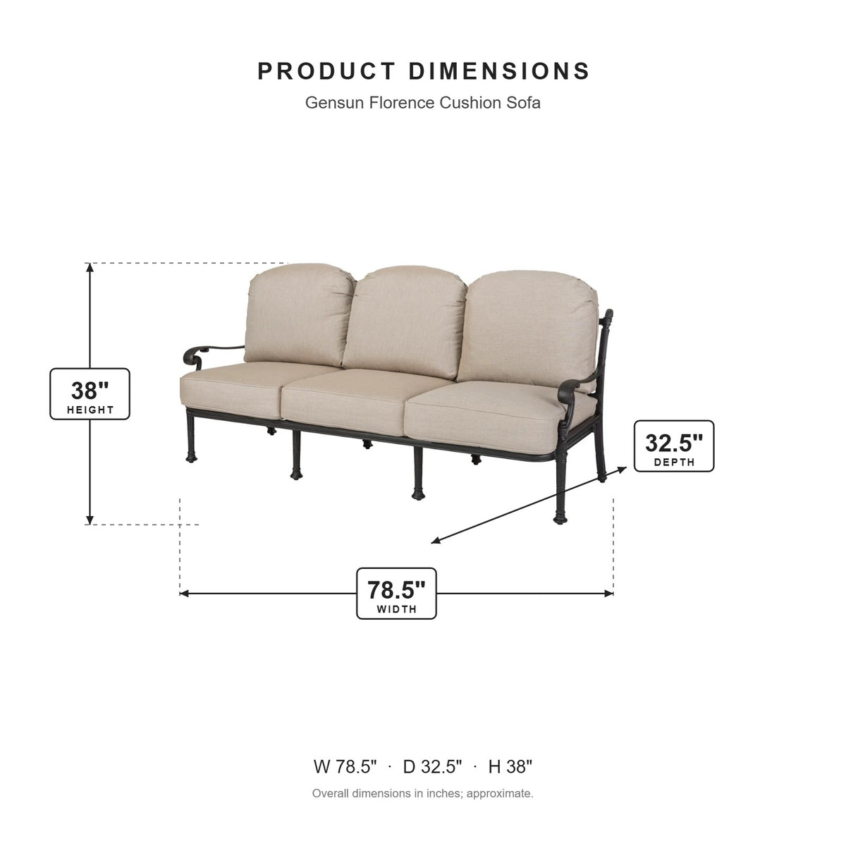 Gensun Florence Cushion Sofa dimensions: 78.5 in W x 32.5 in D x 38 in H