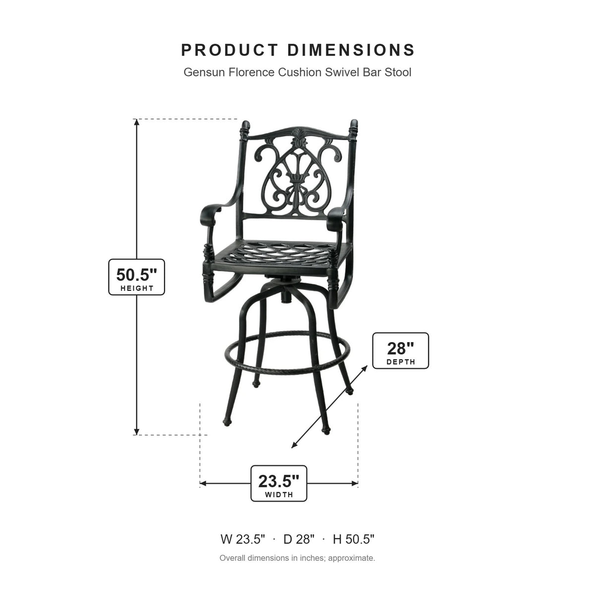 Gensun Florence Cushion Swivel Bar Stool dimensions: 23.5 in W x 28 in D x 50.5 in H