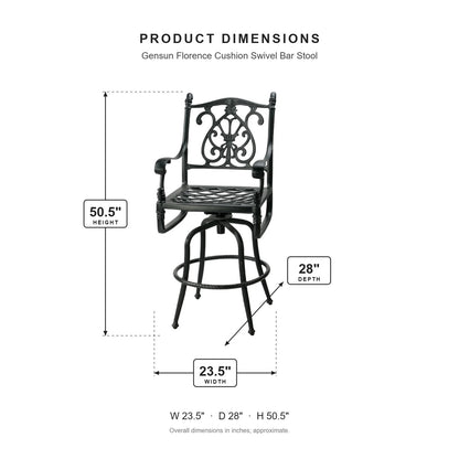 Gensun Florence Cushion Swivel Bar Stool dimensions: 23.5 in W x 28 in D x 50.5 in H