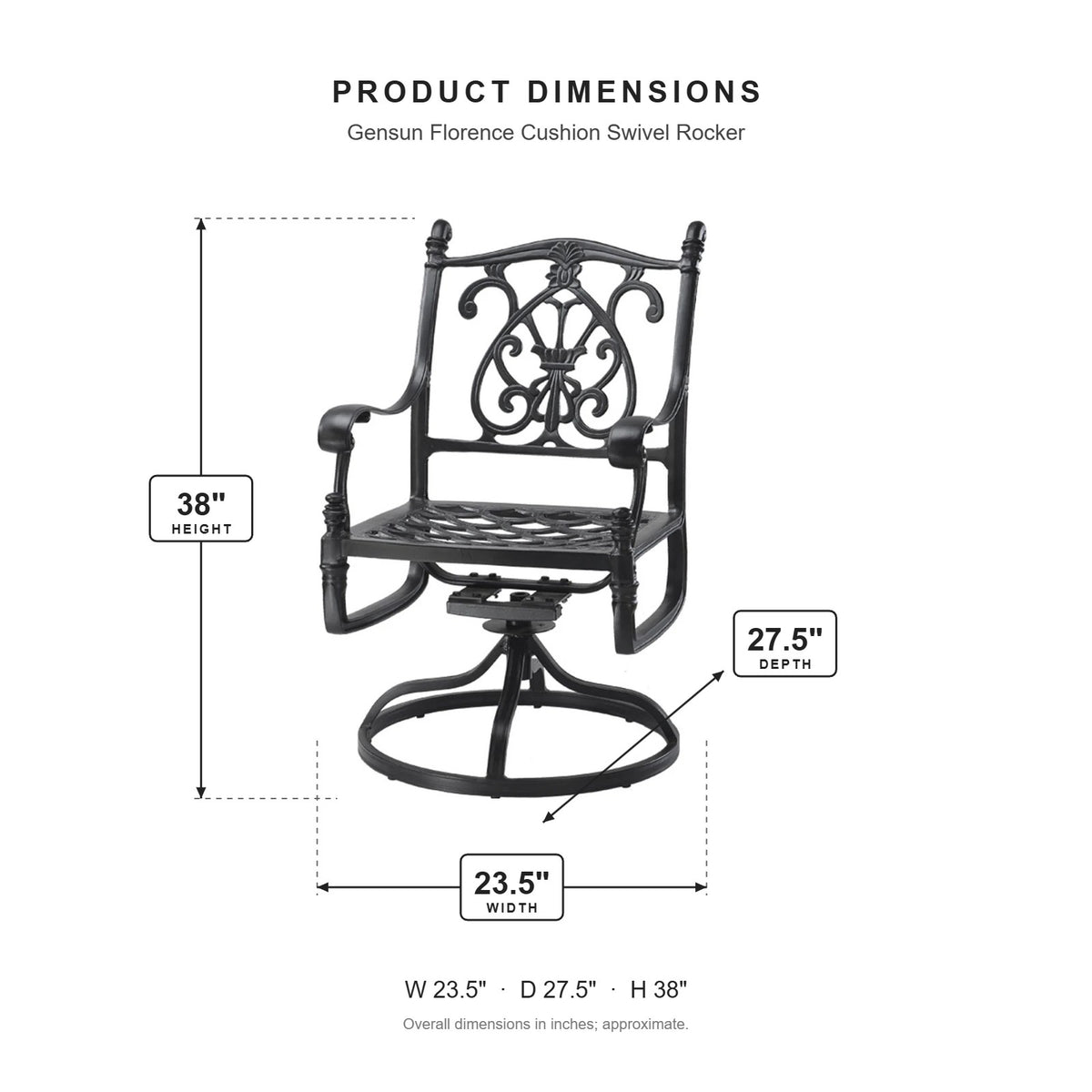 Gensun Florence Cushion Swivel Rocker dimensions: 23.5 in W x 27.5 in D x 38 in H