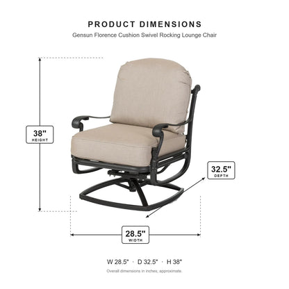 Gensun Florence Cushion Swivel Rocking Lounge Chair dimensions: 28.5 in W x 32.5 in D x 38 in H