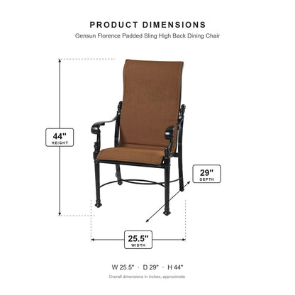 Gensun Florence Padded Sling High Back Dining Chair dimensions: 25.5 in W x 29 in D x 44 in H