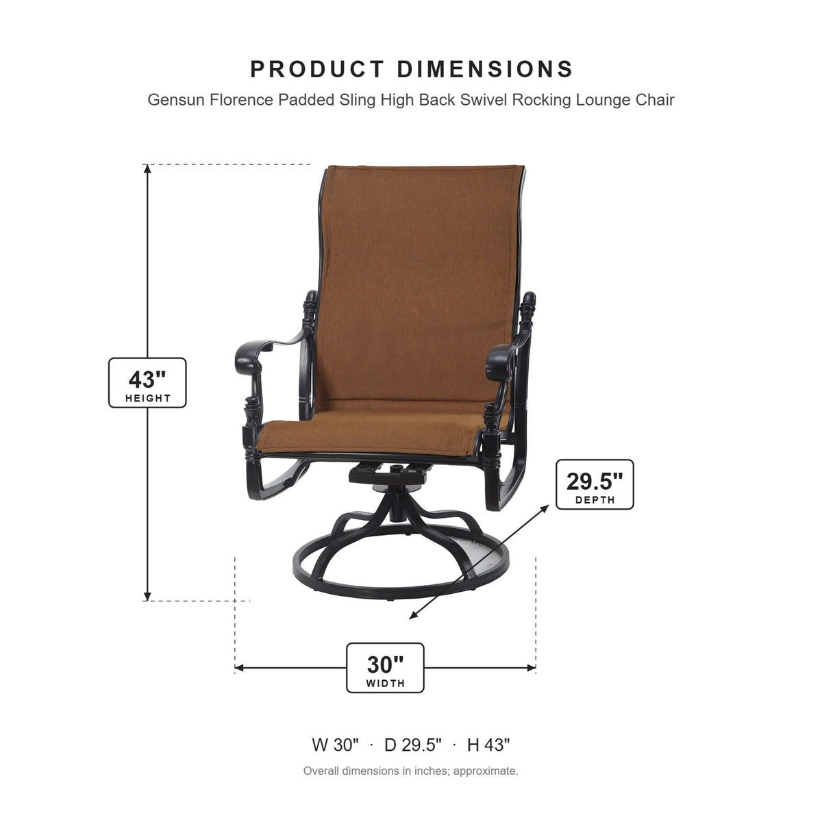 Gensun Florence Padded Sling High Back Swivel Rocking Lounge Chair dimensions: 30 in W x 29.5 in D x 43 in H