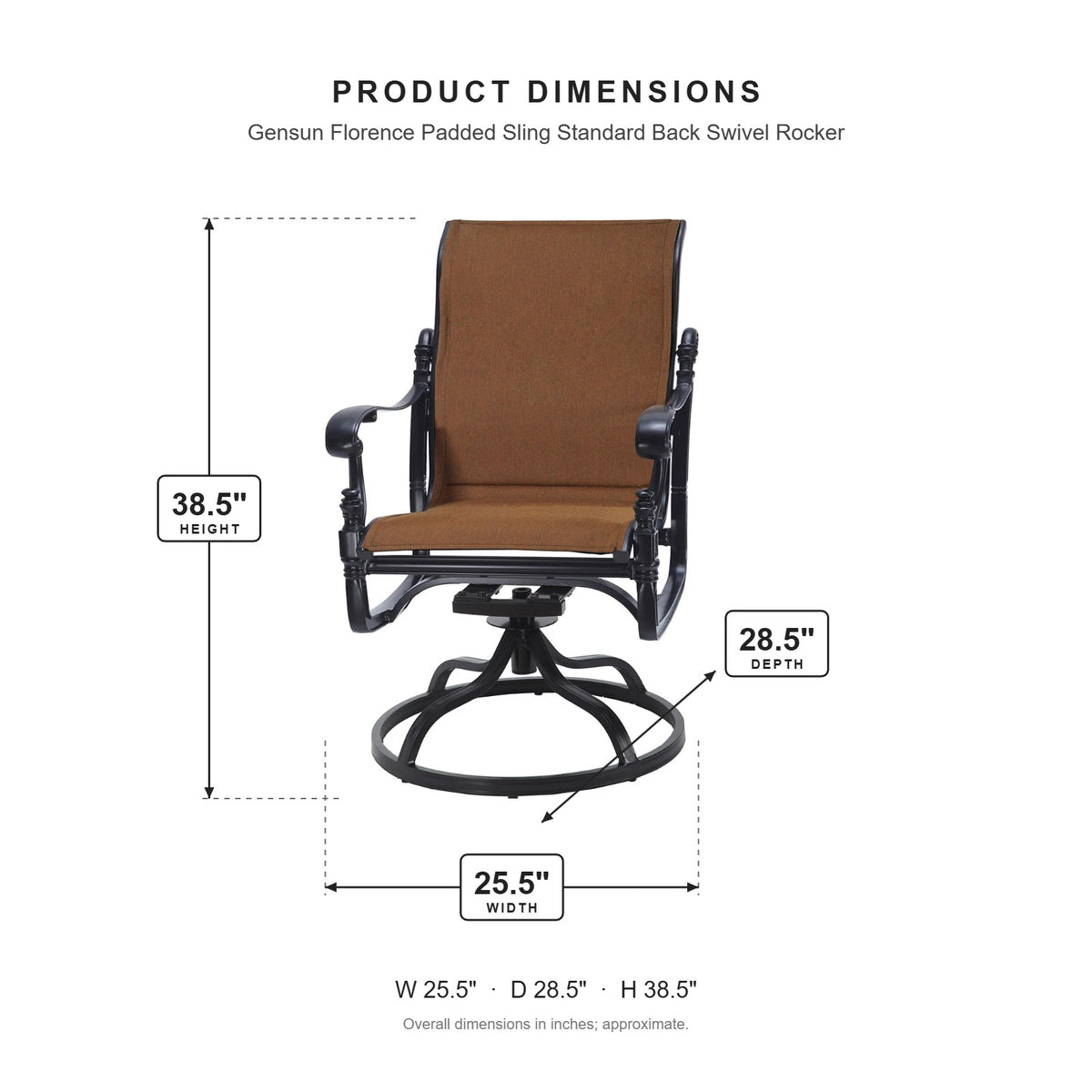 Gensun Florence Padded Sling Standard Back Swivel Rocker dimensions: 25.5 in W x 28.5 in D x 38.5 in H