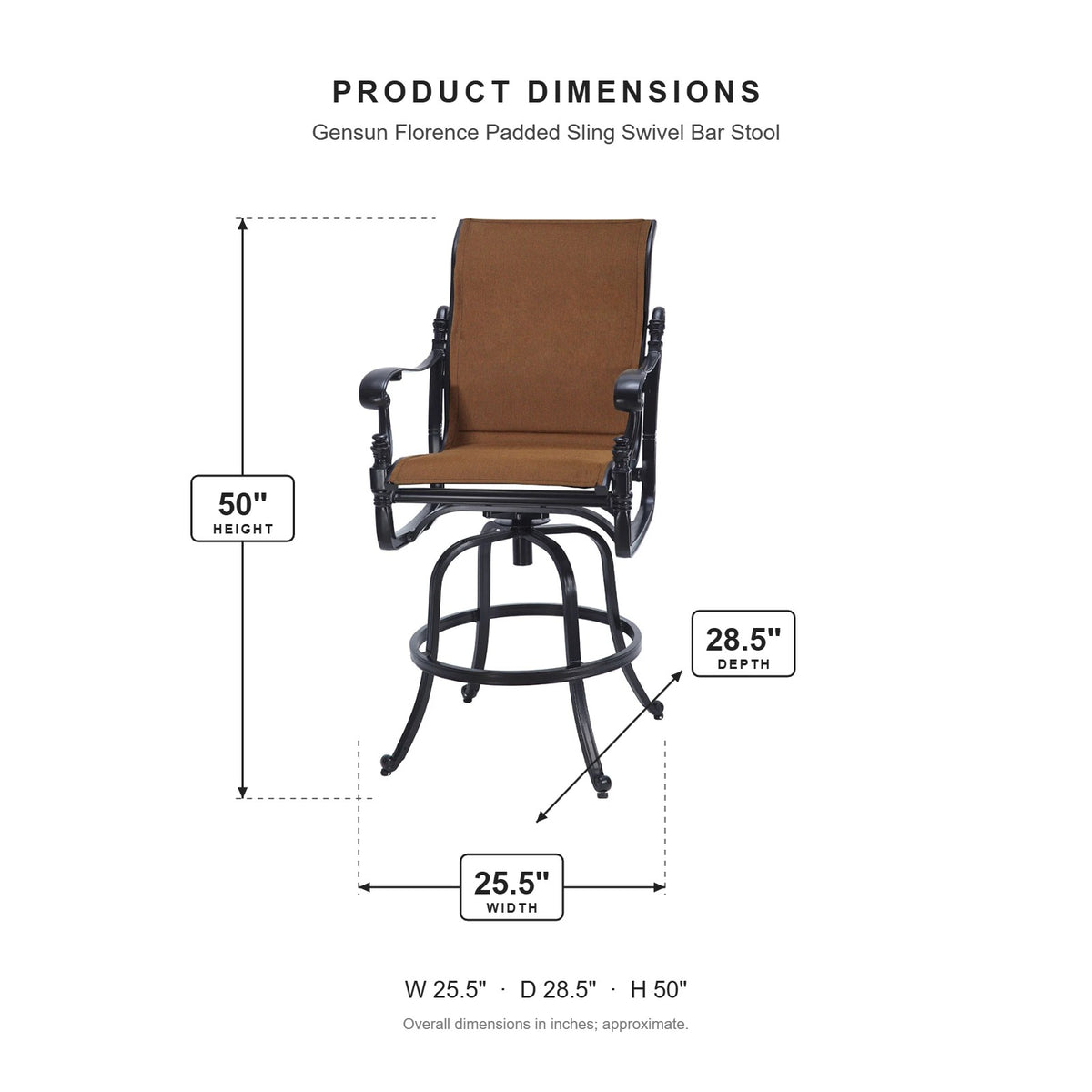 Gensun Florence Padded Sling Swivel Bar Stool dimensions: 25.5 in W x 28.5 in D x 50 in H